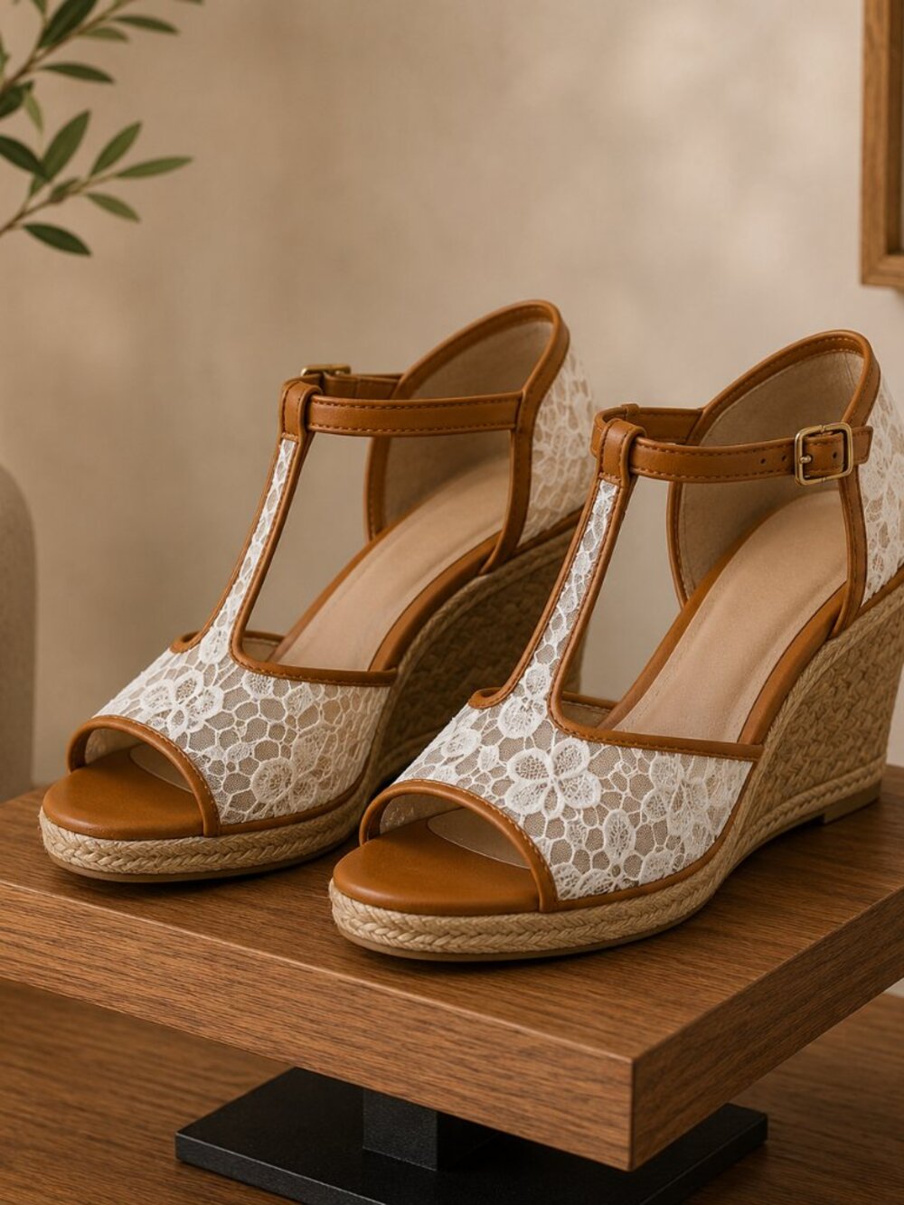 CATO Women's Lace Peep-Toe Sandals - White and Tan